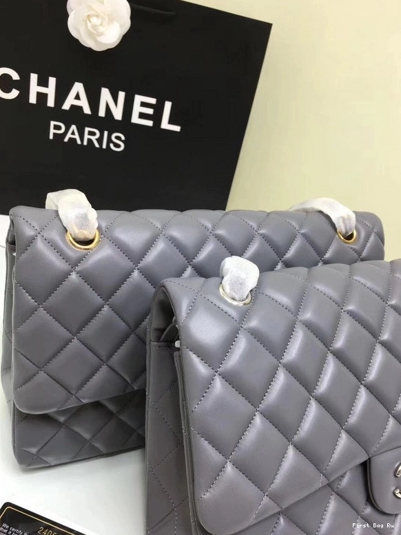 Firstbag Ru Size With CHANEL Lambskin Bag Leather Flap 1112 Silver Grey 30cm Hardware Large Gold 0806